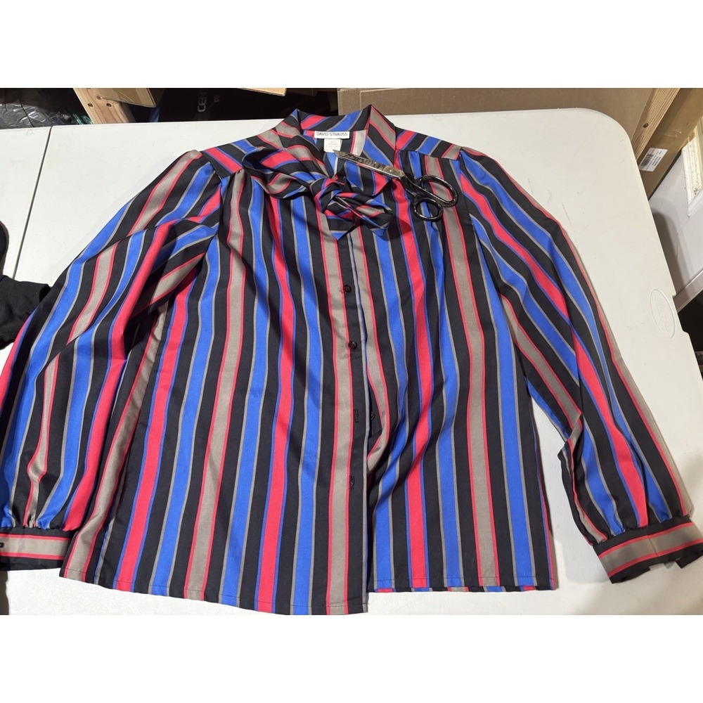 Vintage Style David Strauss Bow Blouse Womens Striped Blue Red 16